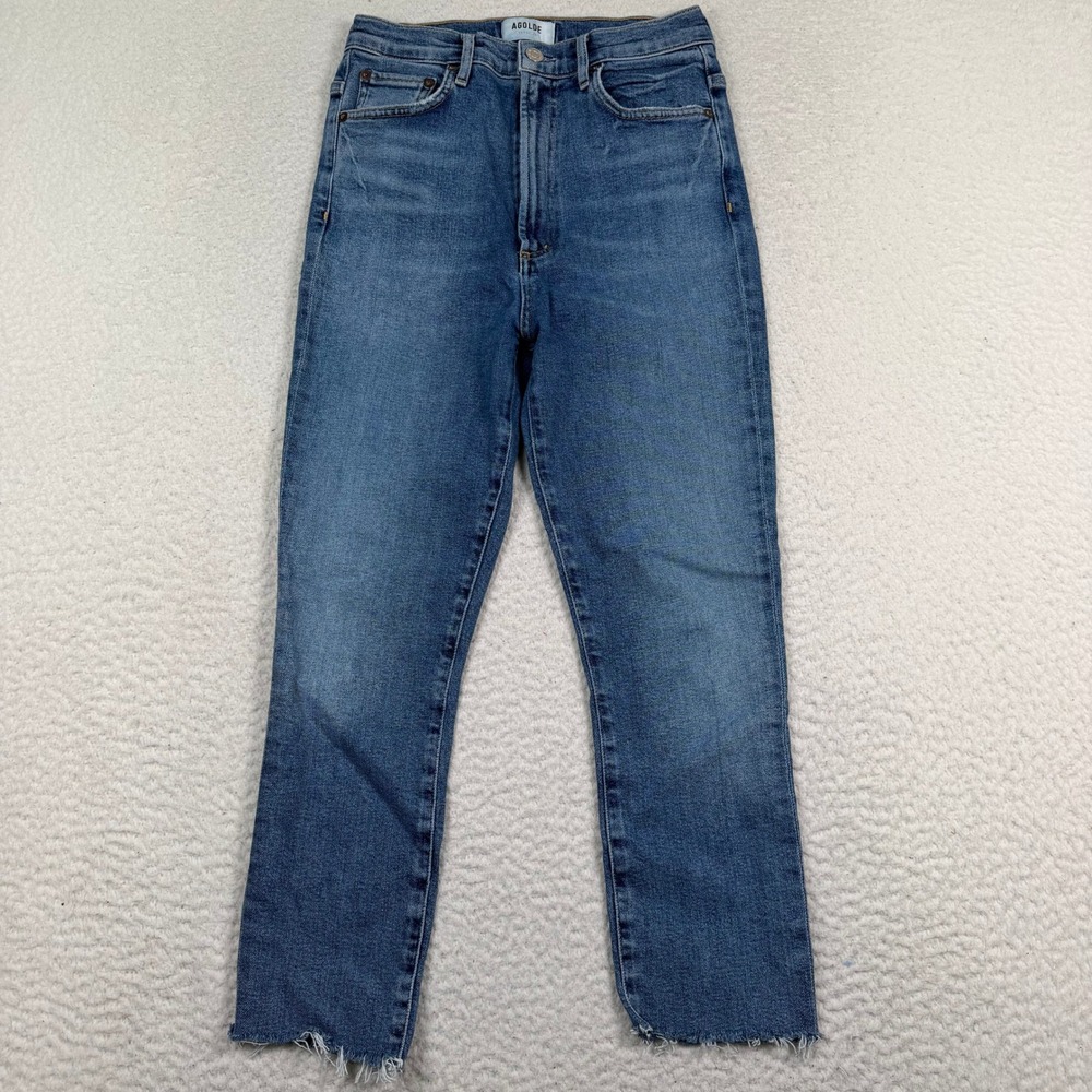 AGOLDE Pinch Waist High Rise Kick Jeans Women 27 Cropped Blue Denim Raw Hem